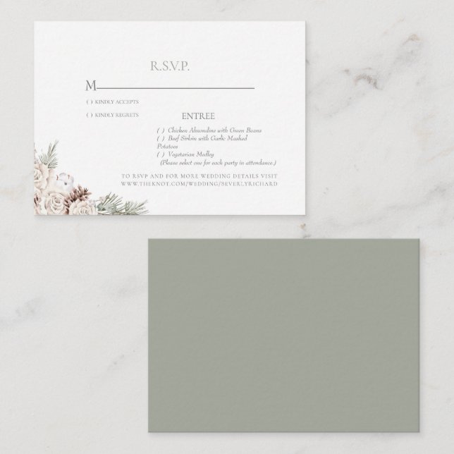 Winter Wedding White Floral Sage RSVP Enclosure Card (Front/Back)