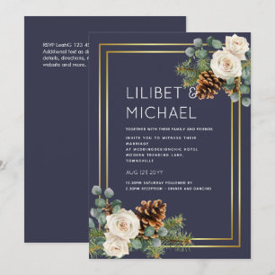 Winter Wedding White Roses Gold Dusty Blue Invitation