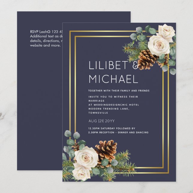 Winter Wedding White Roses Gold Dusty Blue Invitation (Front/Back)