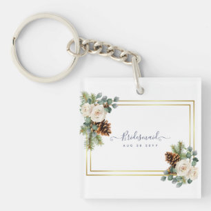 Winter Wedding White Roses Gold Dusty Blue Key Ring