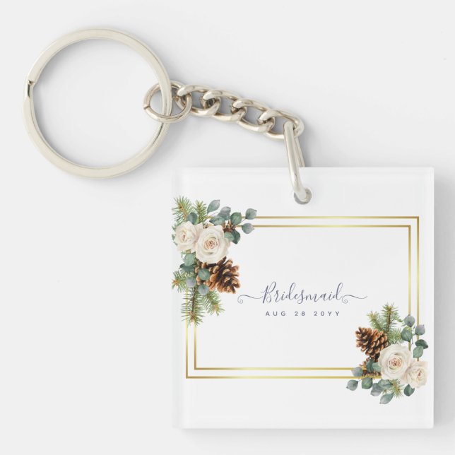 Winter Wedding White Roses Gold Dusty Blue Key Ring (Front)