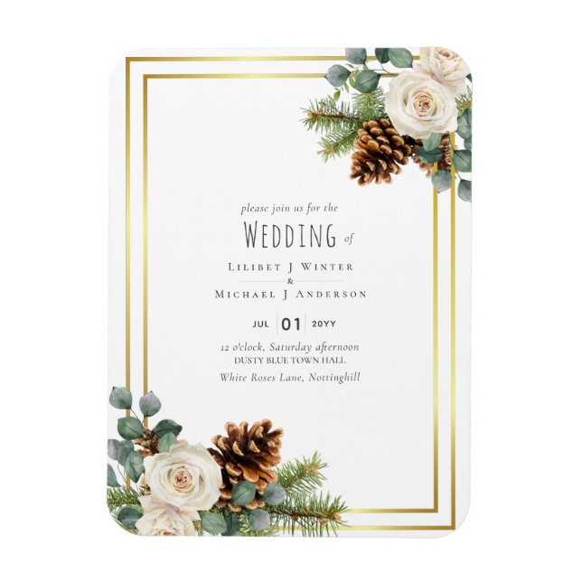 Winter Wedding White Roses Gold Dusty Blue Magnet (Vertical)