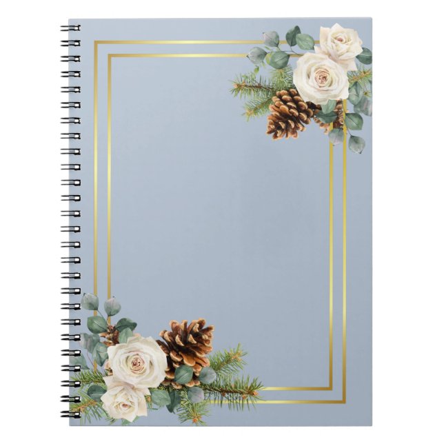 Winter Wedding White Roses Gold Dusty Blue Notebook (Front)