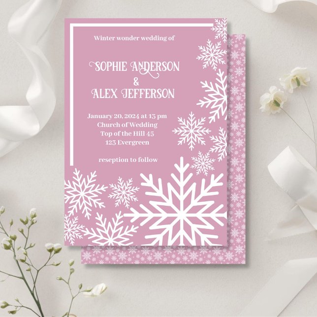 Winter wedding white snowflakes pink invitation (Winter wedding white snowflakes pink invitation)
