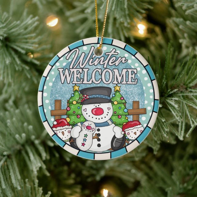 Winter Welcome Snowman Family Christmas  Ceramic Tree Decoration (Tree)