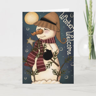 Winter Welcome Snowman Folk Art Greeting Card