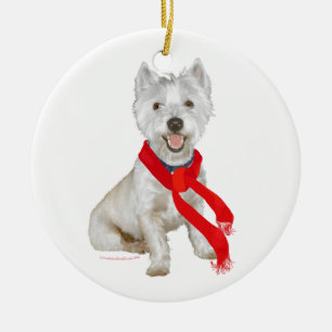 Winter Westie in a Red Scarf Ceramic Tree Decoration