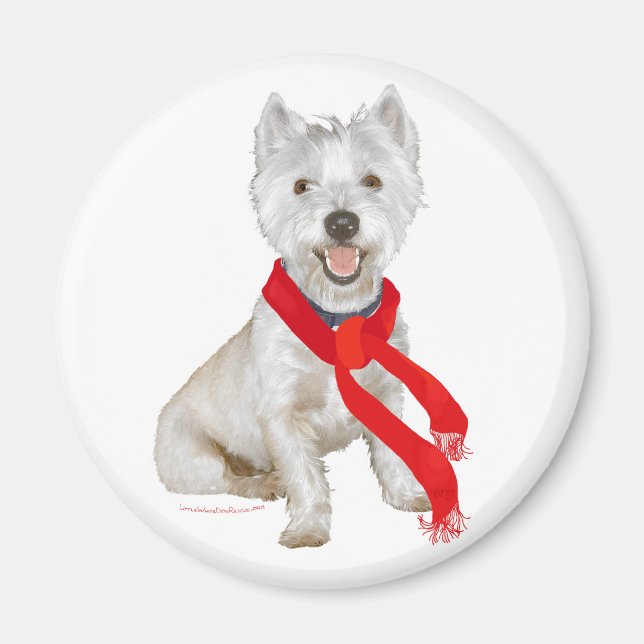 Winter Westie in a Red Scarf Magnet (Front)