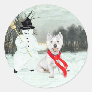 Winter Westie with a Snowman Classic Round Sticker