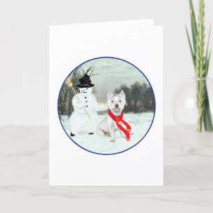 Winter Westie with a Snowman Holiday Card