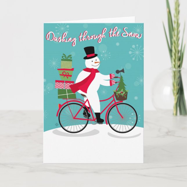 Winter Whimisical snowman on bike Holiday Card (Front)