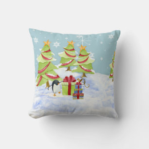 Winter Whimsey Penguin Polar Bear Babies in Snow Cushion