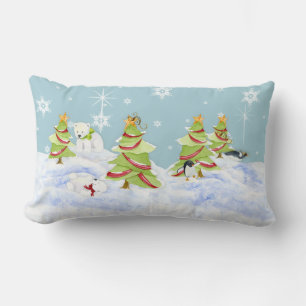Winter Whimsey Penguin Polar Bear Babies in Snow Lumbar Cushion