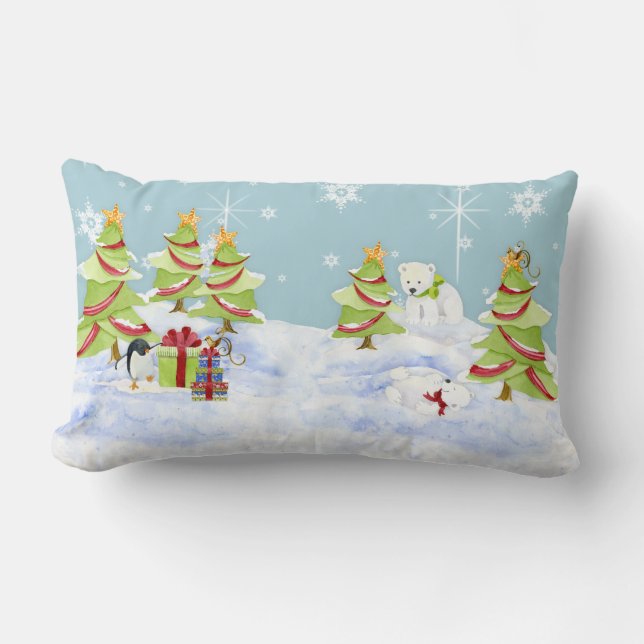 Winter Whimsey Penguin Polar Bear Babies in Snow Lumbar Cushion (Front)