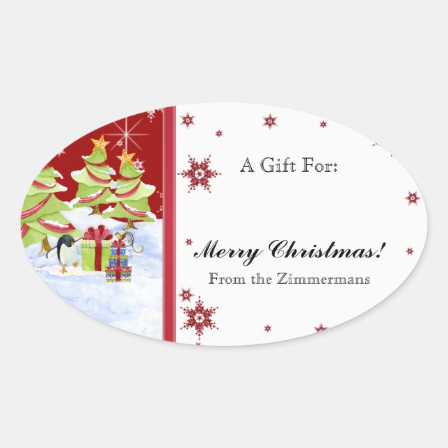 Winter Whimsy Cute Penguin Babies in Snow Star Oval Sticker (Front)