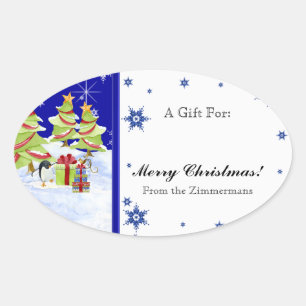 Winter Whimsy Cute Penguin Babies in Snow Star Oval Sticker