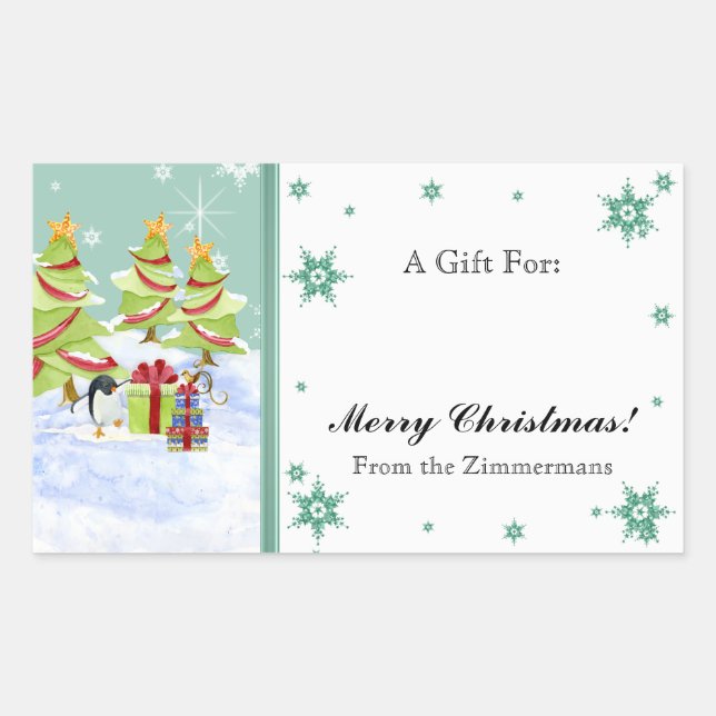 Winter Whimsy Cute Penguin Babies in Snow Star Rectangular Sticker (Front)