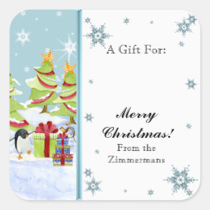 Winter Whimsy Cute Penguin Babies in Snow Star Square Sticker