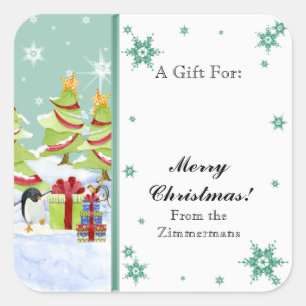 Winter Whimsy Cute Penguin Babies in Snow Star Square Sticker