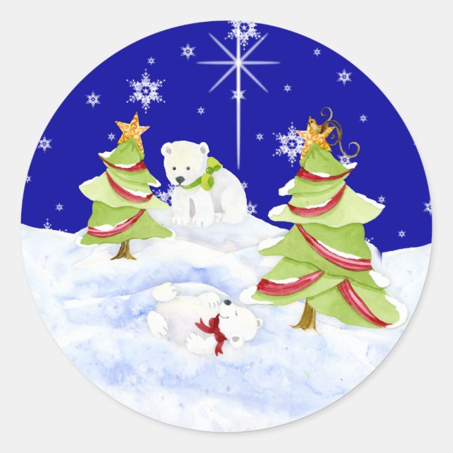 Winter Whimsy Cute Polar Bear Babies in Snow Star Classic Round Sticker (Front)