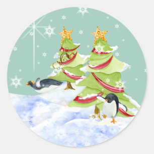 Winter Whimsy Cute Polar Bear Babies in Snow Star Classic Round Sticker