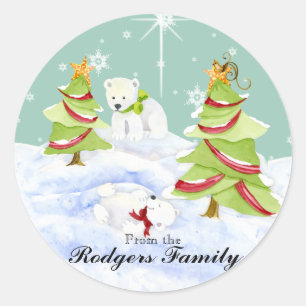 Winter Whimsy Cute Polar Bear Babies in Snow Star Classic Round Sticker