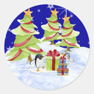 Winter Whimsy Cute Polar Bear Babies in Snow Star Classic Round Sticker