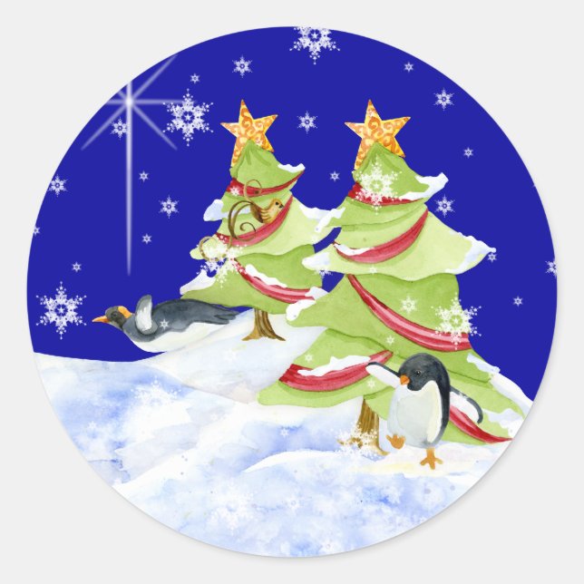 Winter Whimsy Cute Polar Bear Babies in Snow Star Classic Round Sticker (Front)