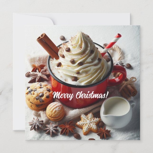 Winter whipped cream hot coffee in a red mug  holiday card (Front)