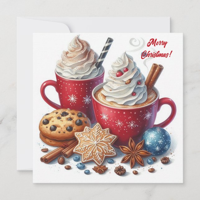 Winter whipped cream hot coffee in a red mugs holiday card (Front)