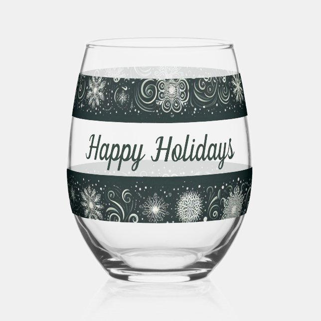 Winter Whirl: Enchanting Snowflakes in Motion Stemless Wine Glass (Front)
