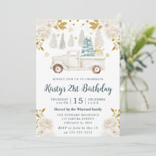 Winter White and Gold Truck Floral Birthday Invitation