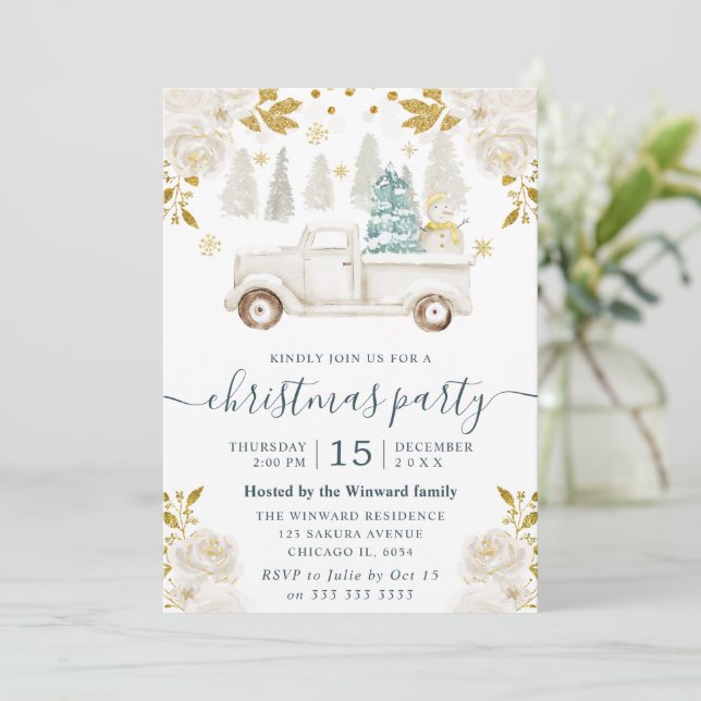 Winter White and Gold Truck Floral Christmas Invitation (Standing Front)