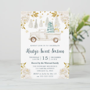 Winter White and Gold Truck Floral Sweet 16 Invitation