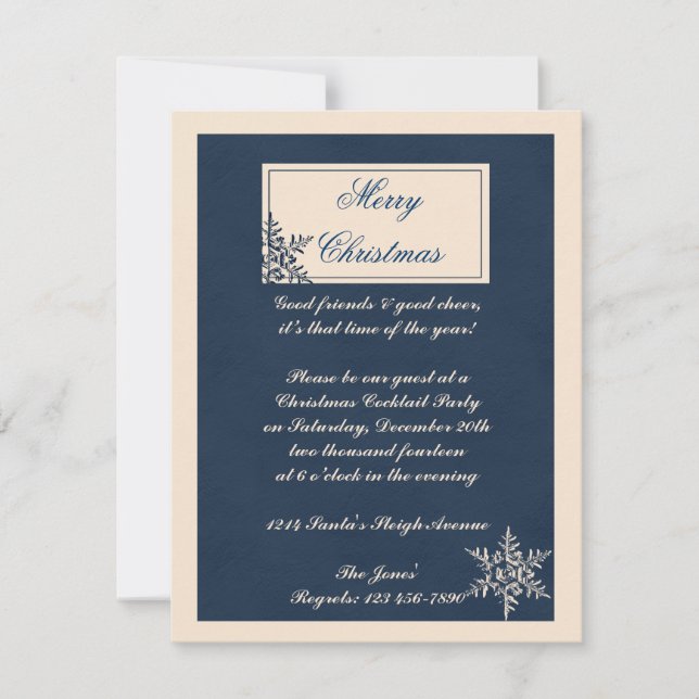 Winter White and Navy Blue Snowflake Christmas Invitation (Front)