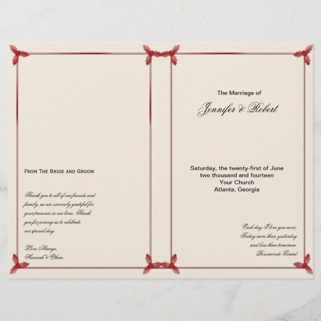 Winter White and Red Mistletoe Wedding Program (Front)