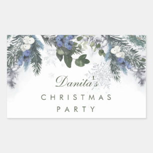 Winter White Blue Christmas Pine Personalised Rectangular Sticker
