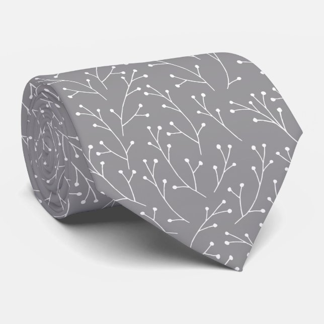 Winter White Branches on Dove Grey Tie (Rolled)