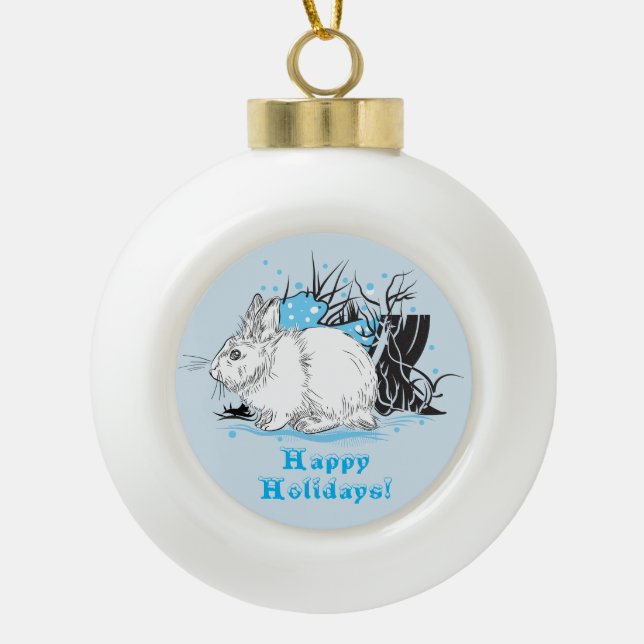 Winter white bunny rabbits ceramic ball christmas ornament (Front)