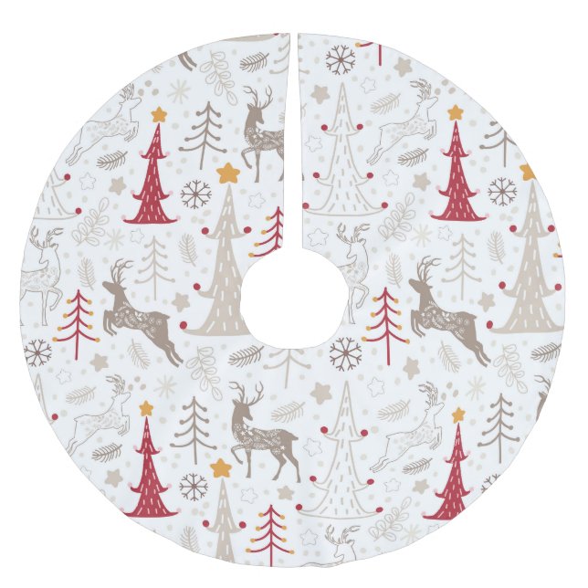 Winter White, Christmas Tree and Deer Brushed Polyester Tree Skirt (Front)