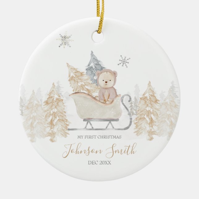 Winter White Cute Bear Mountain First Christmas Ceramic Tree Decoration (Front)