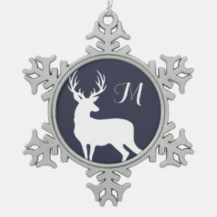 Winter White Deeer Silhouette Monogram Snowflake Pewter Christmas Ornament