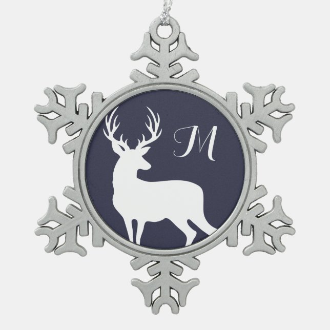 Winter White Deeer Silhouette Monogram Snowflake Pewter Christmas Ornament (Front)