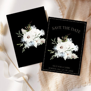 Winter White Floral and Black Christmas Wedding Save The Date