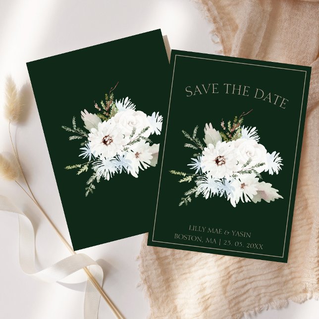Winter White Floral and Green Christmas Wedding Save The Date (Winter White Floral and Green Christmas Wedding Save The Date)