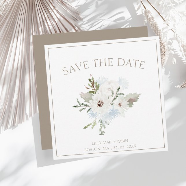 Winter White Floral and Taupe Christmas Wedding Save The Date (Creator Uploaded)
