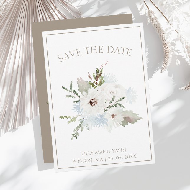 Winter White Floral and Taupe Christmas Wedding Save The Date (Creator Uploaded)