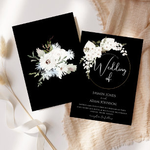 Winter White Floral Black Christmas Wreath Wedding Invitation