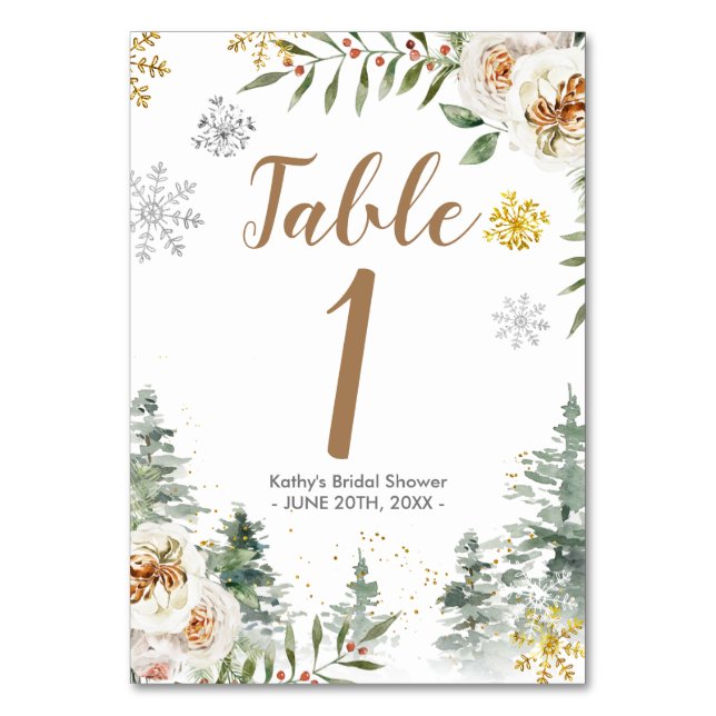 Winter White Floral Bridal Shower Table Number (Front)