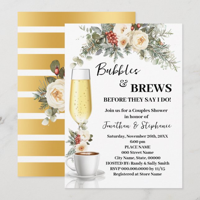 Winter White Floral Bubbles & Brews Coffee Shower Invitation (Front/Back)